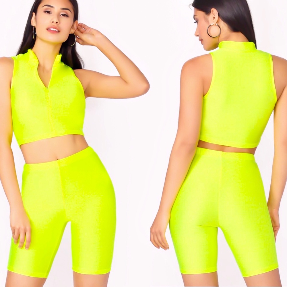 ✨ Neon Lime Zip Half Placket Top & Cycling Set✨